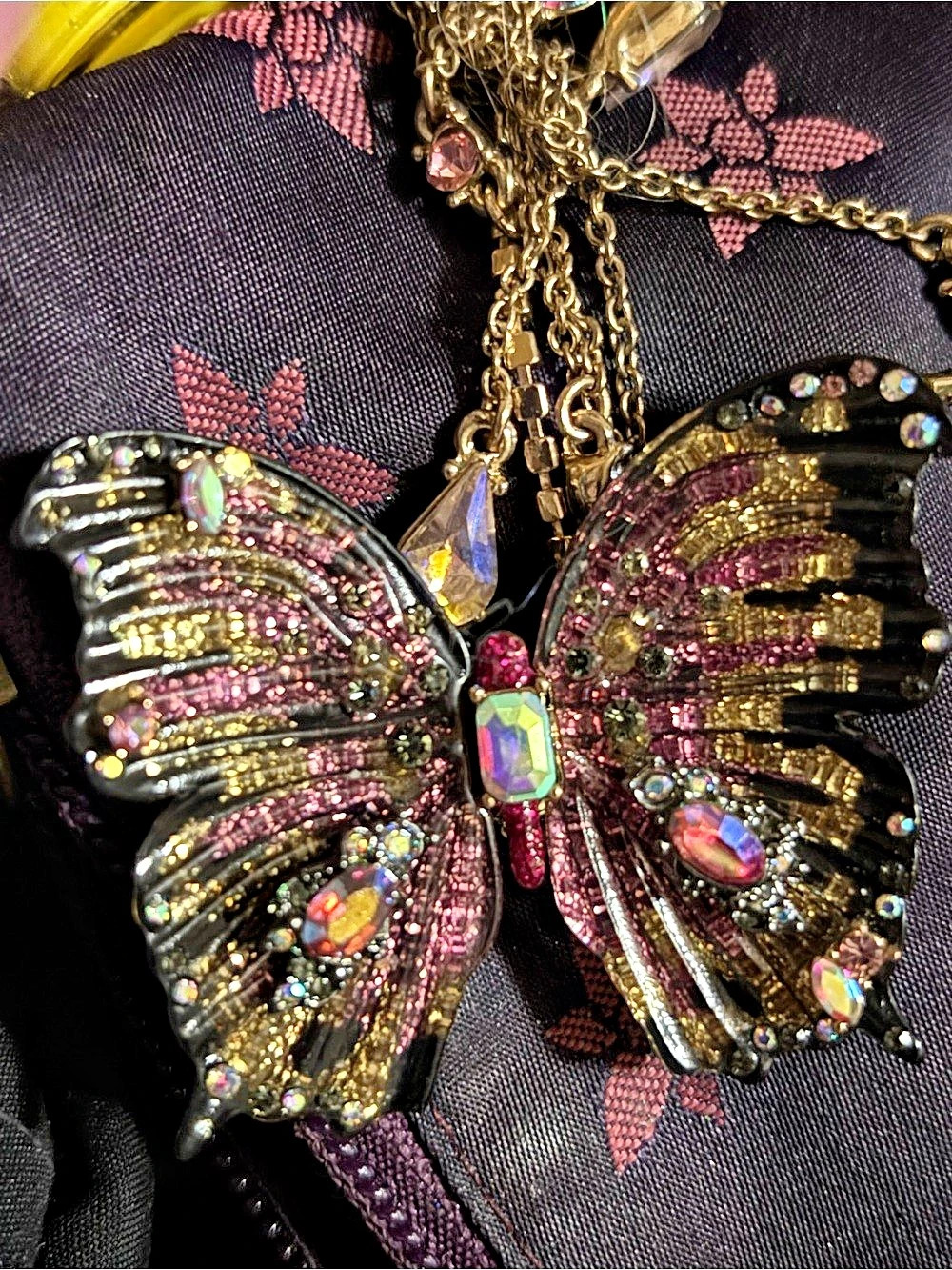 Betsey Johnson necklace butterfly pink crystal tassels goldtone signed vintage